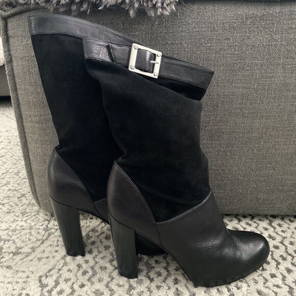 Rachel Zoe Women's 8.5 Claudia Black Leather Suede Slouch Buckle Heeled Boot - Picture 1 of 9